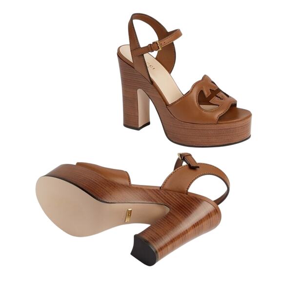 Gucci Cutout Interlocking G 36.5/ US 6.5 Platform Sandal Dark Brown Leather NIB - Picture 3 of 15